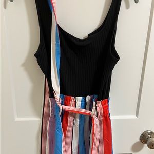 SHEIN Notched Neck Block Stripe Belted Tank Romper